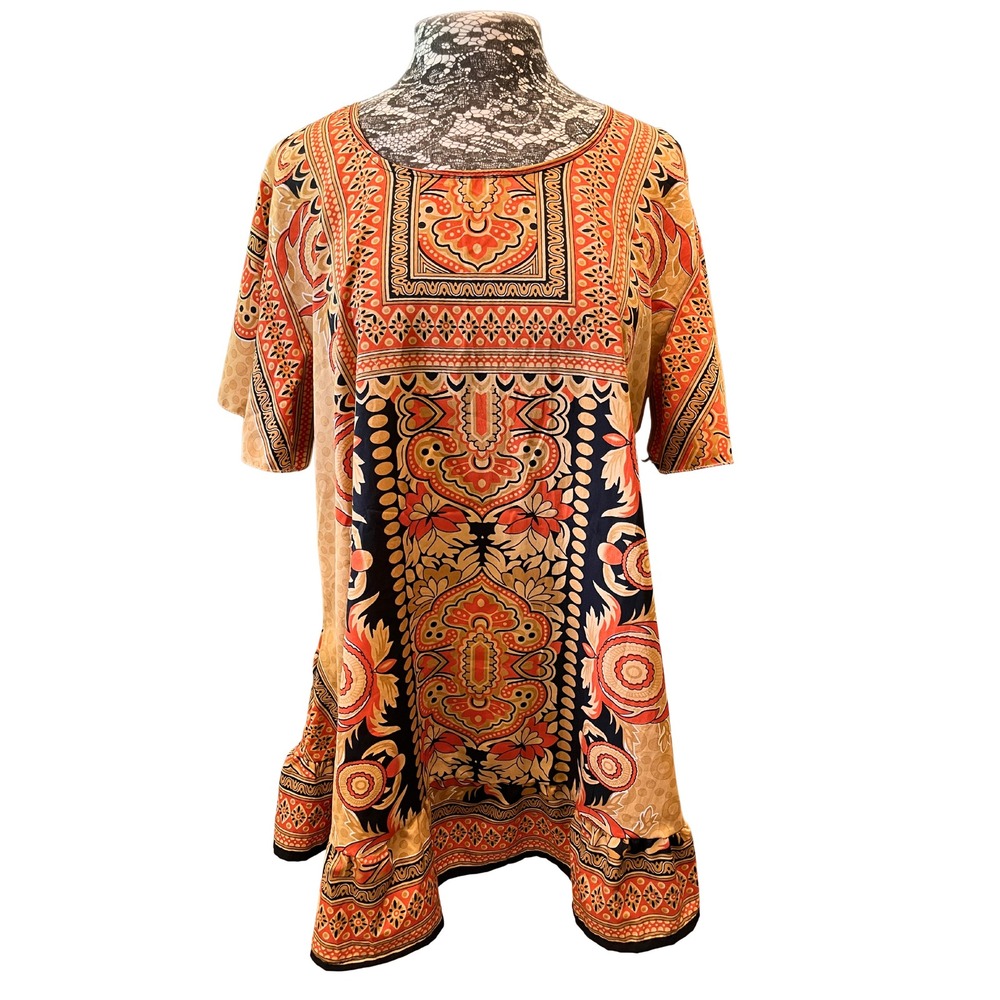 Lapogee Womens Plus 1X Orange Paisley Ruffle Tunic Top Boho Tribal Indie Artisan